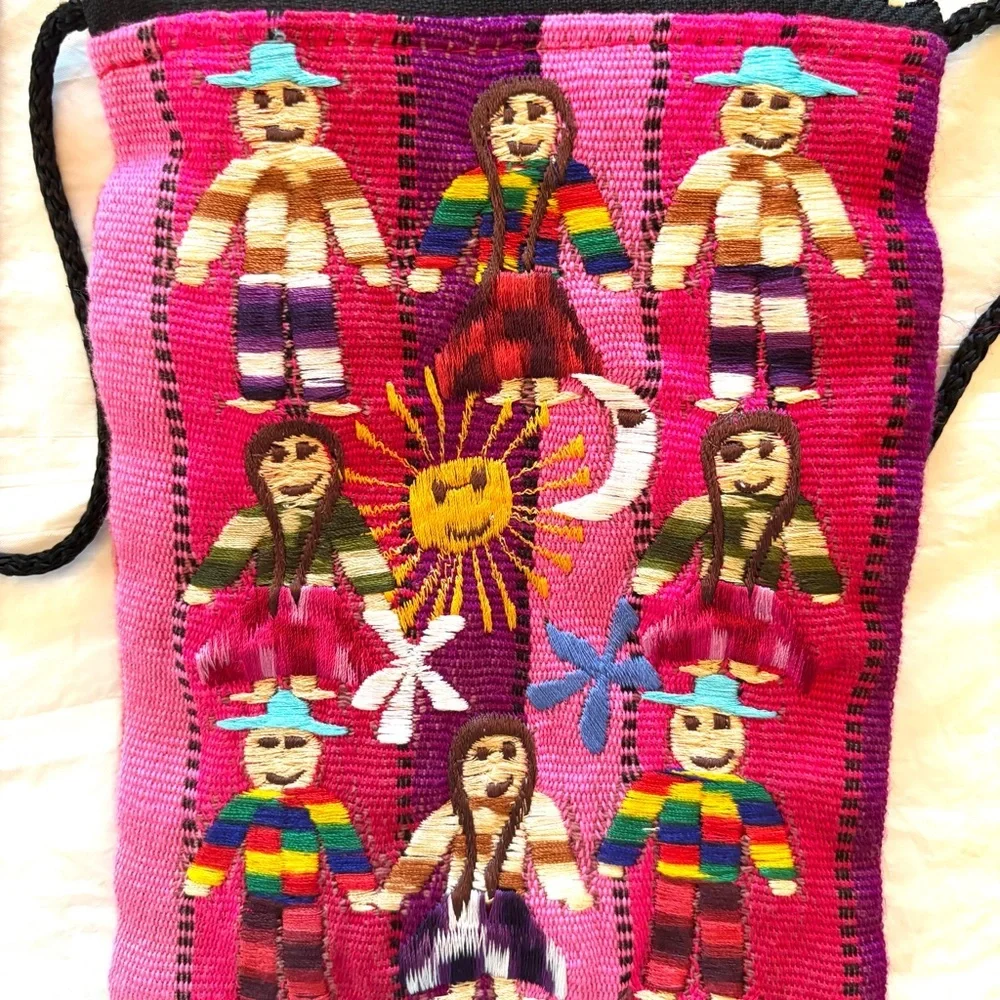 Vintage Crossbody worry dolls embroidered pink handmade in Peru. NWOT - Picture 2 of 11